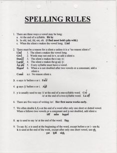 a piece of paper that has some type of writing on it with the words spelling rules