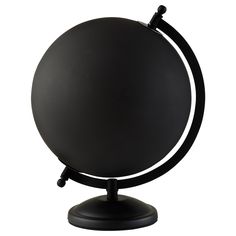 a black globe on a stand with a white light in the middle and an orange circle around it