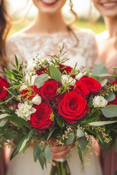 two bridesmaids holding bouquets of red roses and greenery in their hands