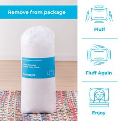 an image of a mattress on the floor with instructions for how to remove from package