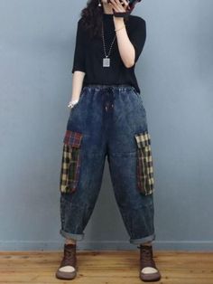 Accessory: No Overview: (1)Cotton Linen+ Denim Fit &Sizing: Non- Stretchable #jeans #plaid #dadjeans #baggyjeans Check Pants Outfit, Kind Boyfriend, Jeans Dress Outfit, Enby Fashion, Closet Revamp, Shop Street, Carrot Pants, Big Pants, Denim Patterns