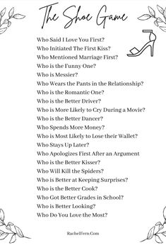 Shoe Game Question for wedding receptions to determine how well the bride and groom really know each other. Wedding Game Questions Shoe, Who Knows The Bride And Groom Best Game, Who Is Most Likely To Questions Game Wedding, Who Is Wedding Game, Shoe Game At Wedding, Groom And Bride Shower Ideas, Wedding Social Ideas, Wedding Couple Question Game, Hers And Hers Wedding Ideas