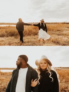 two people holding hands and walking through an open field with tall grass in the background