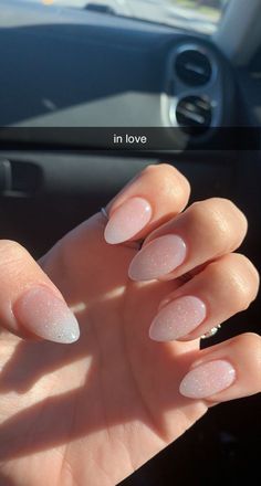 Neutral Nails For Prom, Nude Glitter Nails Almond, Glitter Neutral Nails, Hoco Nails For Pink Dress, Soft Pink Glitter Nails, Almond Nails Glitter Tip, Basic Glitter Nails, Funny Bunny With Glitter, Sheer Almond Nails