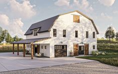 an artist's rendering of a large white barn with a covered porch and attached garage