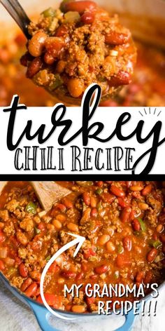 the recipe for turkey chili is shown in two pictures