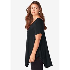 This top is crafted in an extra-flowy fabric and has a swing silhouette for an easy, chic fit. Perfect over leggings, but dresses up well over pants, too. With a shaped hem and front and back V-necks. Flattering Stretch Black Tops, Flattering Black Stretch Tops, Casual Black Flowy Tops, Black Short Sleeve Viscose Top, Versatile Black Knit Top For Summer, Versatile Black Viscose Blouse, Easy Chic, Loose Fit Blouse, Flowy Fabric