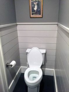 a white toilet sitting in a bathroom next to a painting on the wall above it