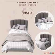 an image of a bed with pillows and blankets on the headboard in three different positions