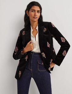 Semi-Fitted Tailored Blazer - Black, Embroidered | Boden US Rich Girl Fashion, Black Velvet Jacket, Inspiration Outfit Ideas, Boden Women, Custom Made Clothing, Fun Clothes, Single Button Blazer, Corduroy Blazer