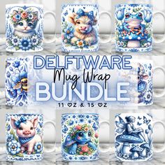 the delftware mug wrap bundle is shown in blue and white with images of animals