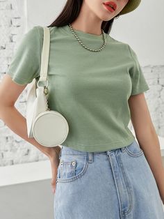 Mint Green Casual  Short Sleeve Polyester Plain  Embellished Medium Stretch  Women Tops, Blouses & Tee Mint Green Tshirt Outfit, Outfit Con Top Verde, Green Tshirt Outfit Woman, Light Green Top Outfit, Mint Green Top Outfit, Top Verde Outfit, Green Shirt Outfits Women, Green T Shirt Outfit, Green Tshirt Outfit