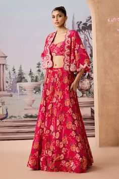 Red cape with flower printed base and dabka embroidered, sequin bead embellished scallop border. Comes with padded inner blouse and lehenga. - Aza Fashions Fitted Floral Print Lehenga, Festive Red Lehenga With Floral Print, Festive Red Floral Print Lehenga, Fitted Red Sets With Floral Print, Festive Red Floral Print Choli, Traditional Red Floral Print Choli, Spring Wedding Choli, Red Floral Print Sets For Wedding, Red Floral Print Wedding Set