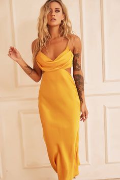 Delta Midi Dress - Mustard Mustard Dress Outfit Wedding, Mustard Dress Outfit, Red Dress Day, Mustard Dress, Statement Heels, Mustard Dressing, Jumpsuit Dressy, Yellow Midi Dress, Bridesmaid Outfit