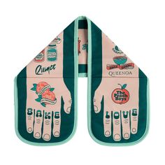 two oven mitts with different designs on the front and back of them, one is green