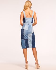 Fitted Dark Wash Denim Midi Dress, Medium Wash Fitted Knee-length Midi Dress, Fitted Medium Wash Midi Dress, Knee-length, Chic Fitted Denim Midi Dress, Fitted Denim Midi Dress In Denim Blue, Fitted Denim Blue Midi Dress, Fitted Mid-length Denim Dress In Medium Wash, Fitted Mid-length Denim Dress With Pockets, Fitted Mid-length Medium Wash Denim Dress