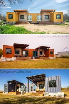 two pictures showing different types of shipping containers and the same one is made from shipping containers