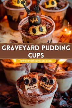 graveyard pudding cups with chocolate frosting and spooky eyes