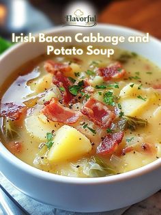 a white bowl filled with potato and bacon soup