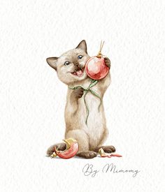 a watercolor painting of a cat holding an apple in it's paws with the caption by memory