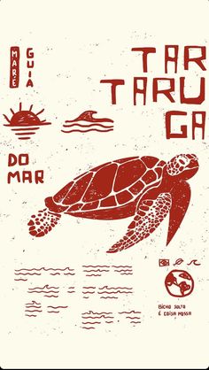 a red and white poster with an image of a turtle swimming in the ocean, surrounded by other marine creatures