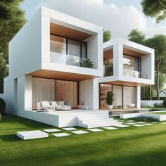 an artist's rendering of a modern house in the middle of a grassy area