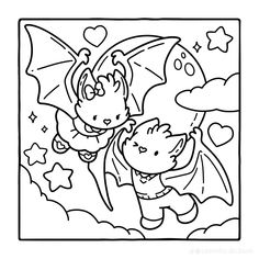 a black and white coloring page with an image of a bat flying over a cat