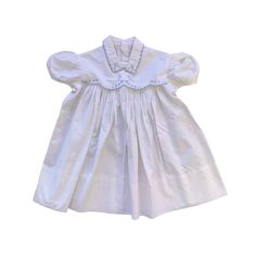 "Size: 9-12 Months Decade: 1960's Origin: Made in France Condition: Excellent Materials: cotton  * Chest: 11.5\" - 29cm * Length: 17\" - 43cm" Classic Cotton Spring Dress, Fitted Floral Embroidery Dress With Doll Collar, Spring Embroidered Dress With Doll Collar, Classic Fitted Cotton Vintage Dress, White Lined Cotton Vintage Dress, White Cotton Lined Vintage Dress, White Cotton Vintage Dress With Lining, White Doll Collar Dress With Floral Embroidery, White A-line Vintage Cotton Dress