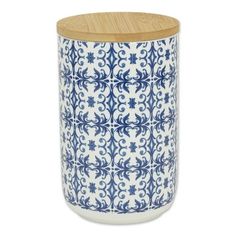 a blue and white vase with a wooden lid on a white background, decorated with an intricate pattern