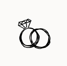 two wedding rings drawn in black ink with a diamond on the top and bottom, against a white background