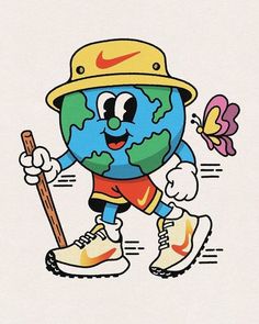 a drawing of a cartoon character holding a baseball bat and wearing a hat with the earth on it