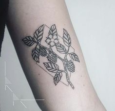 a black and white photo of a branch with leaves on the side of a woman's arm