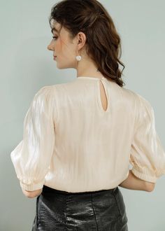 Organza Blouse /pearl Button Reception Blouse/ Bridesmaid | Etsy Feminine Cream Tops For Wedding, Beige Blouse With Blouson Puff Sleeves, Classic Beige Top For Party, Elegant Puff Sleeve Top With Blouson Sleeves, Fitted Elegant Beige Blouse Piece, Elegant Puff Sleeve Tops, Elegant Formal Padded Blouse Piece, Elegant Solid Blouse With Blouson Sleeves, Elegant Solid Color Padded Blouse