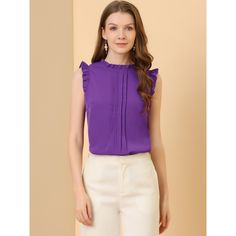 The ruffled sleeveless design would show demure, feminine grace, and also lend shape and texture. Crafted from a lightweight material, it is shaped with an elegant crew neckline, and pleat detailing, and comes in a relaxed cut for easy, breezy wear. This vintage blouse is designed with ruffled trim and solid color, especially for a professional look at work. Office Vintage, 1950s Retro, Ruffle Fabric, Work Blouses, Vintage Blouse, Elegant Blouses, Ruffled Sleeve Top, Hem Style, Easy Breezy