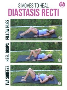 a woman laying on top of a yoga mat with the words 3 moves to heal diastasis recti