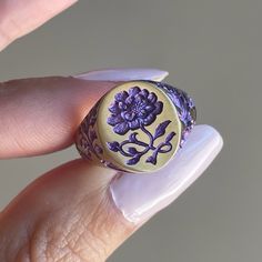 Signet Ring Engraving Ideas, Castro Smith Ring, Peony Jewelry, Peony Ring, Castro Smith, Wax Seal Ring, Purple Ceramic, Purple Ring, Wax Carving