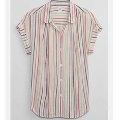 Gap Short Sleeve Drapey Shirt In Multi Stripe Size Xl Nwt Brand: Gap Size: Xl Color: Multi Stripe Armpit To Armpit: 25" Across Waist: 26“ Across Shoulder To Hemline: 28" Details: Smooth Cotton-Rayon Weave. Short Sleeves With Folded Cuffs. Spread Collar, Button Front. Shirring At Yoke And Back. Curved Shirttail Hem Is Longer At Back. Condition: New With Tags Keywords: Gap Drapey Shirt, Gap Oversized Short, Gap Short Sleeve Shirt * Stock Photo Is Just A Representation Of The Garment Style And May Casual Gap Shirt For Daywear, Casual Daywear Shirt By Gap, Gap Cotton Blouse With Relaxed Fit, Gap Cotton Blouse Relaxed Fit, Gap Relaxed Fit Cotton Blouse, Casual Multicolor Shirt For Daywear, Casual Multicolor Daywear Shirt, Casual Striped Gap Tops, Casual Gap Blouse For Daywear