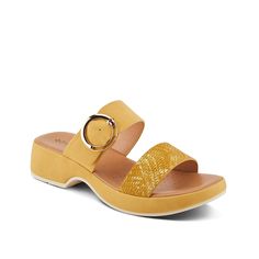 Patrizia-Fenna Sandal Leave an impression with every step you take wearing the Fenna sandal from Patrizia. Dual strap silhouette with metallic shine one strap and adjustable buckle design on the other strap, enhances the visual appeal of this platform slide sandal. Gold Open Toe Slides With Buckle Closure, Spring Gold Mules With Buckle Closure, Gold Mules With Buckle Closure For Spring, Gold Sandals With Adjustable Strap For Spring, Spring Gold Footbed Sandals With Buckle Closure, Adjustable Gold Sandals With Buckle Closure, Gold Buckle Footbed Sandals For The Beach, Gold Footbed Sandals With Buckle For Beach, Gold Buckle Closure Footbed Sandals For Beach