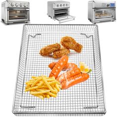 three different types of food being cooked in a toaster oven and on a grid