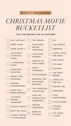 the christmas movie bucket list is shown in pink and white with gold trimmings