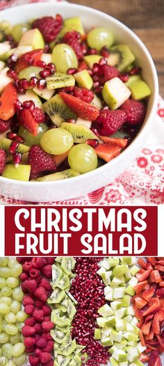 christmas fruit salad in a white bowl on top of a red and white table cloth