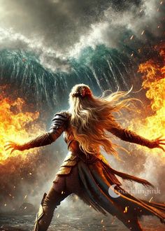 a woman with long blonde hair standing in front of a fire and water background, holding her arms out