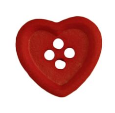 a red heart shaped button with three holes