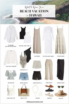 Beach Packing Outfits, Outfits For A Resort Vacation, Neutral Cruise Outfits, What To Wear On Vacation Summer, Outfits To Wear On Beach Vacation, Vacation Outfits For Beach, Vacation Beach Outfit Ideas, Classy Hawaiian Outfit, Parisian Vacation Style