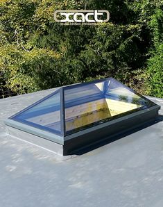 an image of a roof with a skylight in the middle and trees in the background