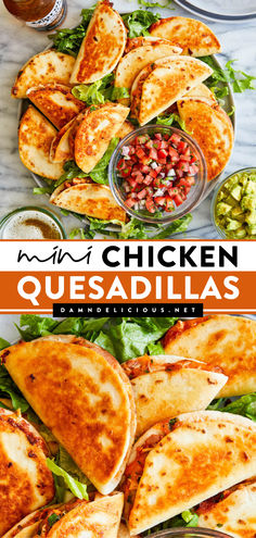 A crowd-pleasing appetizer recipe! These mini chicken quesadillas in the oven must be on your football party menu. Made with shredded rotisserie chicken and refried beans, these cheesy bite size quesadillas are so good! Save this game day food idea! Mini Chicken Quesadillas, Mini Quesadillas, Beans And Cheese, Bowl Party Food, Salsa Chicken, Superbowl Snacks, Super Bowl Party, Superbowl Party Food, Chicken Quesadillas