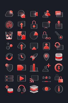 a large set of red and white icons on a black background, including symbols for different devices