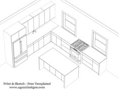 a drawing of a kitchen with an island and stove