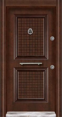 a wooden door with two side panels