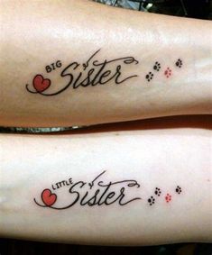 two tattoos that say sister and little sister with hearts on their arms, one has a paw